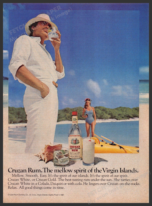 Cruzan Rum 1980s Print Advertisement 1981 Virgin Islands Beach Girl Swimsuit Fetch-the-Paper