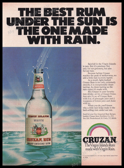 Cruzan Rum 1980s Print Advertisement Ad 1980 Virgin Islands Rain Fetch the Paper!