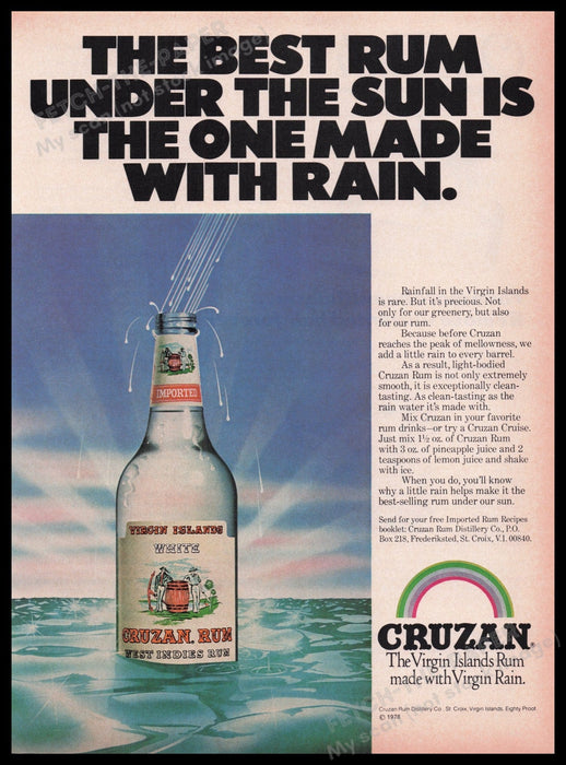 Cruzan Rum 1980s Print Advertisement Ad 1980 Virgin Islands Rain Fetch the Paper!