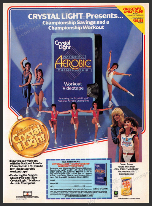 Crystal Light 1980s Print Advertisement 1986 Aerobics Susan Anton Promo Crystal Light