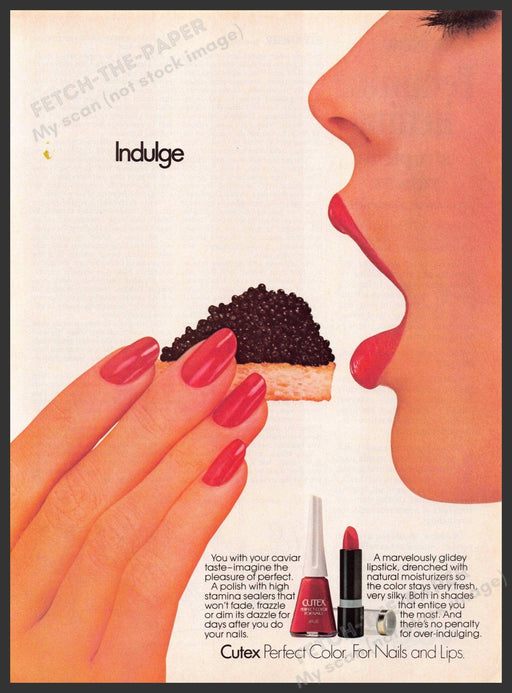 Cutex 1980s Magazine Print Advertisement 1985 Caviar Taste Indulge Mouth Cutex