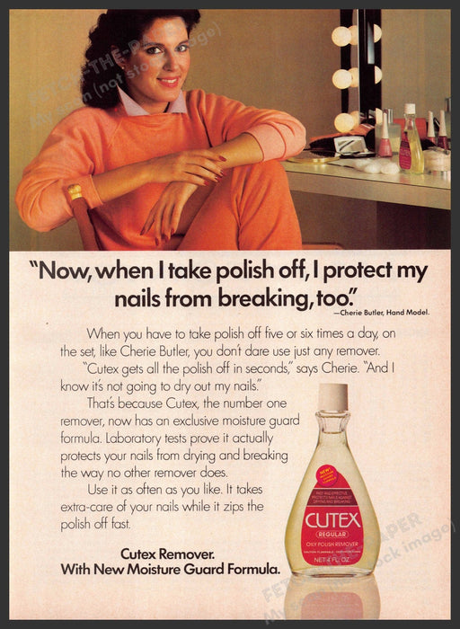 Cutex 1980s Print Advertisement 1983 Nail Cherie Butler Hand Model Fetch-the-Paper