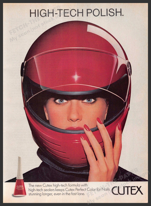 Cutex 1980s Print Advertisement 1986 Motorcycle Helmet "High-tech polish" Cutex
