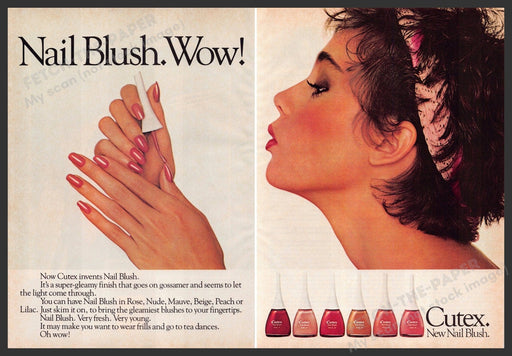 Cutex Nail Blush 1980s Print Advertisement (2 pages) 1982 Blowing on Nails Cutex