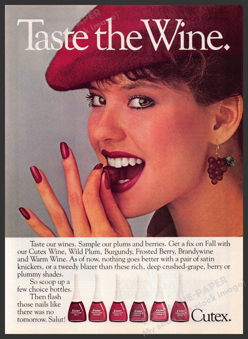 Cutex Nail Polish 1980s Print Advertisement 1982 Taste the Wine Eating a Grape Fetch-the-Paper