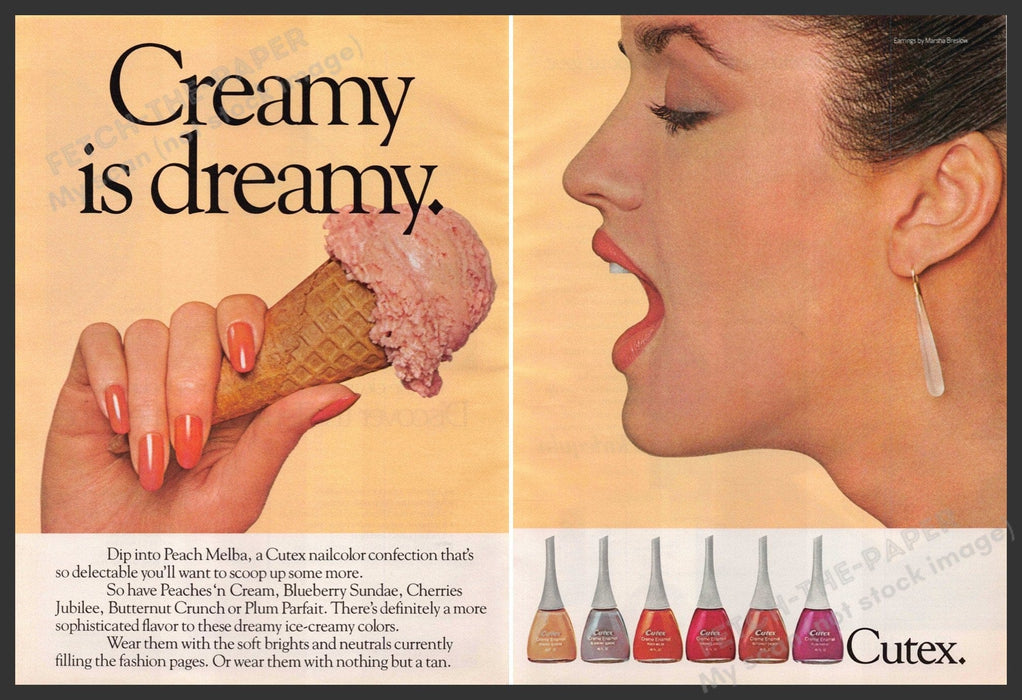 Cutex Nails Creamy 1980s Print Advertisement (2 pgs) 1981 Eating Ice Cream Cone Cutex