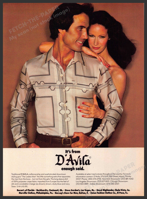 D'avila 1970s Print Advertisement 1979 Men's Clothing "The Ladies Man" Shirt D'avila