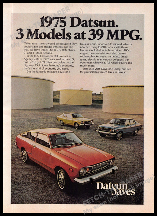 Datsun B-210 1970s Magazine Print Advertisement 1975 Hatchback "Datsun Saves" Datsun B-210
