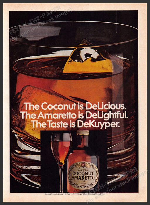 DeKuyper Coconut Amaretto 1980s Print Advertisement 1982 On Ice Fetch-the-Paper