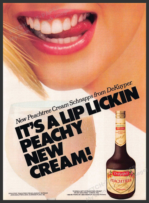 DeKuyper Peach 1980s Print Advertisement 1987 "Lip lickin peachy new cream!" DeKuyper