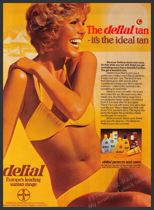 Delial Tanning Products 1970s Print Advertisement Ad 1977 Bikini Suntan Fetch-the-Paper