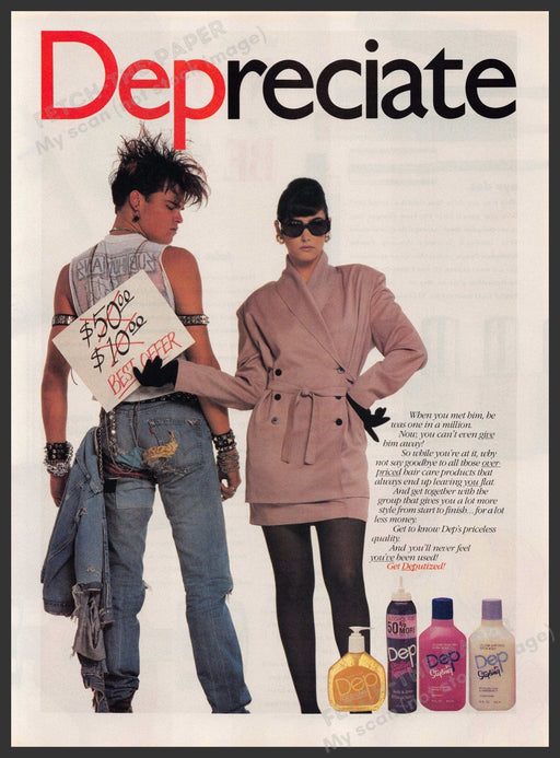 Dep Hair 1980s Print Advertisement 1989 "Depreciate" Selling Bad Boy Boyfriend Fetch-the-Paper