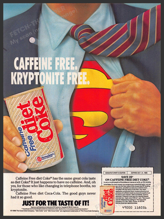 Diet Coke 1980s Magazine Print Advertisement Ad 1986 Caffeine Free Superman Fetch-the-Paper