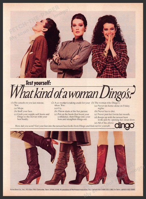Dingo Boots 1980s Print Advertisement 1984 Women Legs Test Yourself Fetch-the-Paper