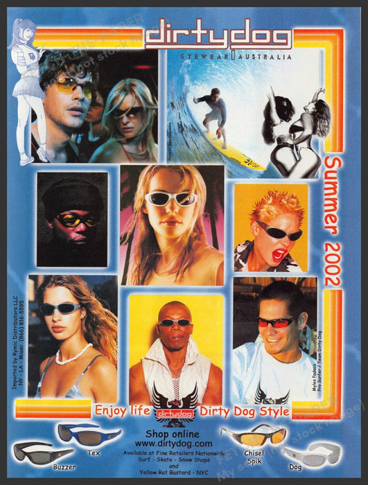 Dirty Dog Eyewear Australia 2000s Print Advertisement 2002 Surf Skate Snow Fetch-the-Paper