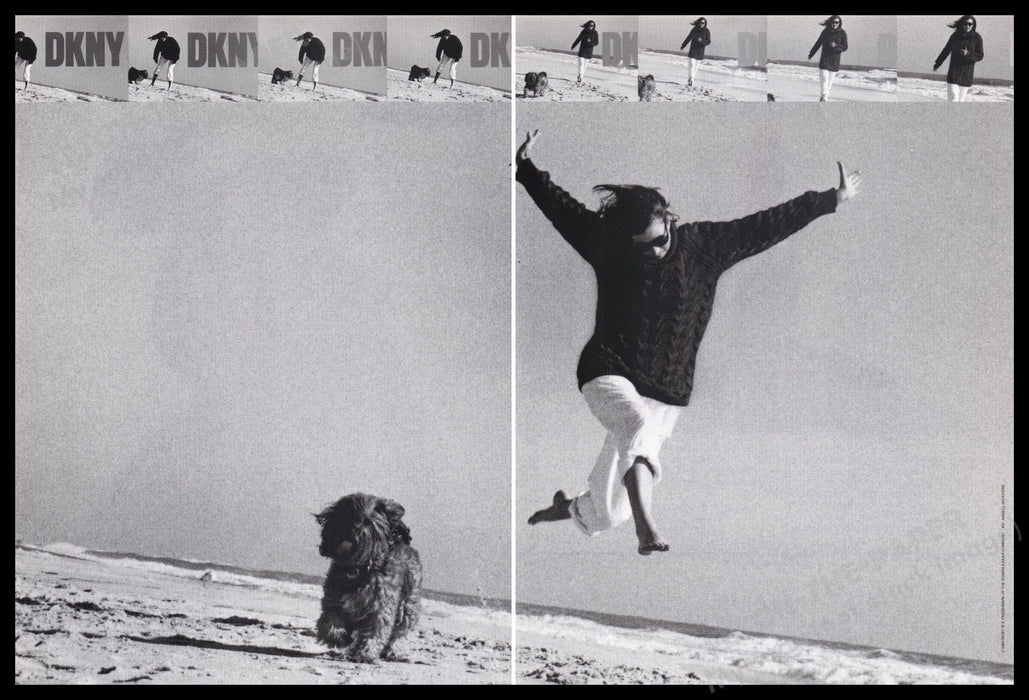 DKNY Clothing 1980s Print Advertisement (2 pgs) 1989 Beach Sand Dog Fetch the Paper!