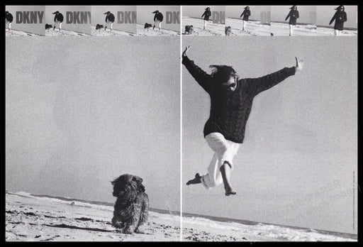DKNY Clothing 1980s Print Advertisement (2 pgs) 1989 Beach Sand Dog Fetch the Paper!