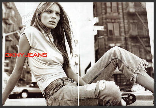 DKNY Jeans Esther Canadas 1990s Print Ad (2 page) 1999 Sitting Cityscape Fetch-the-Paper