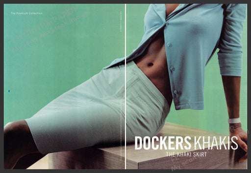 Dockers Khakis 1990s Print Advertisement (2 page) 1999 Skirt Bare Midriff Fetch-the-Paper