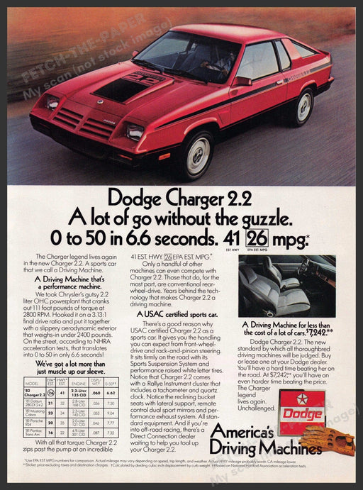Dodge Charger 2.2 1980s Magazine Print Advertisement 1982 "a lot of go" Dodge Charger 2.2