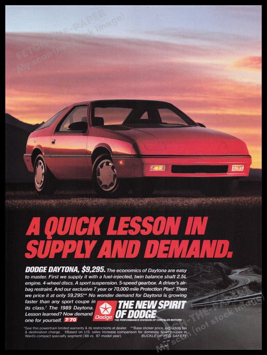 Dodge Daytona 1980s Print Advertisement Ad 1989 "Lesson in Supply and Demand" Fetch the Paper!