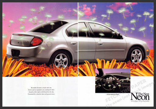 Dodge Neon 1990s Print Ad (2 pege) 1999 Bright Dandelion Blowing in the Wind Fetch-the-Paper