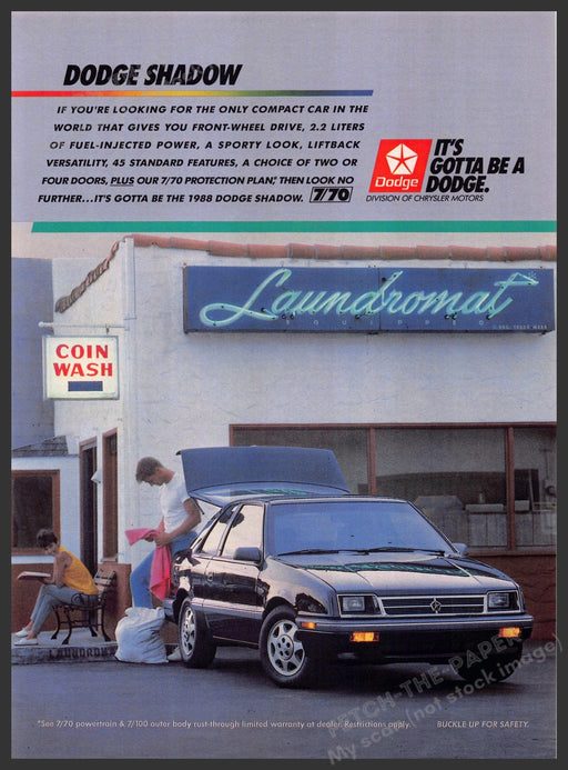 Dodge Shadow 1980s Print Advertisement 1987 Coin Wash Laundromat Dodge Shadow