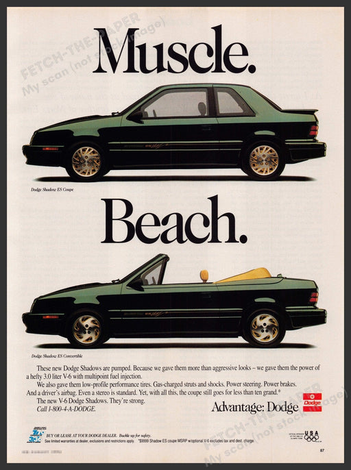 Dodge Shadow ES Coupe & Convertible Car 1990s Print Advertisement Ad 1992 Fetch-the-Paper