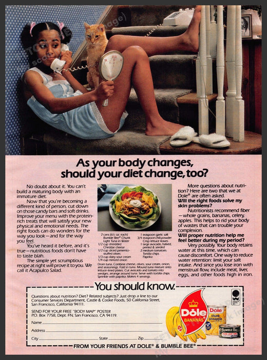 Dole & Bumblebee 1980s Print Advertisement 1981 "As your body changes..diet too" Dole and Bumblebee