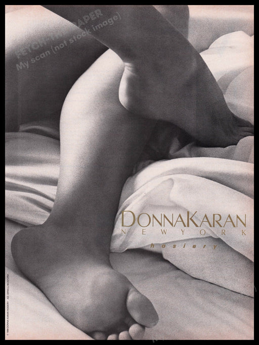 Donna Karan Hosiery 1980s Print Advertisement Ad 1988 Legs Sheets Bed Fetch the Paper!