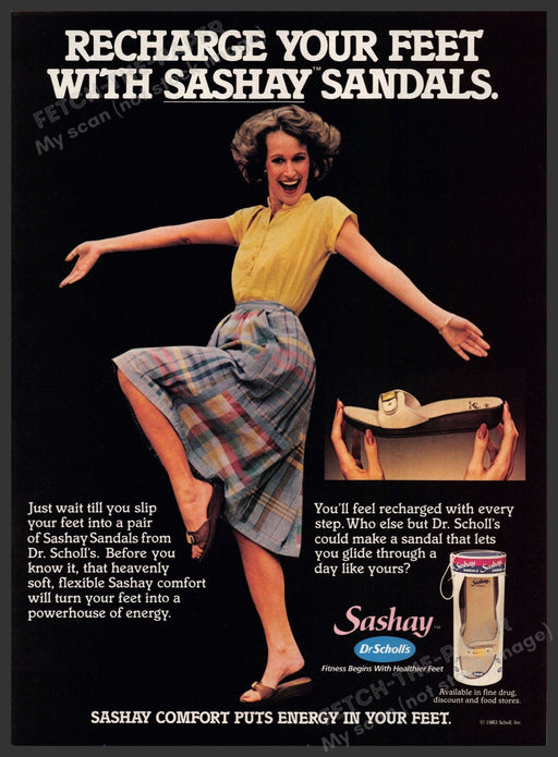 Dr. Scholl's Sashay Sandals 1980s Print Advertisement 1983 Legs Knee Kick Fetch-the-Paper