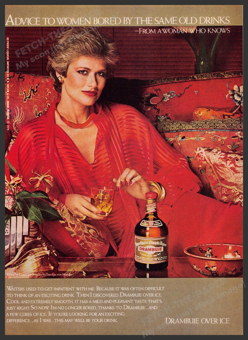 Drambuie Over Ice 1970s Print Advertisement 1979 Woman Reclining on Couch Fetch-the-Paper