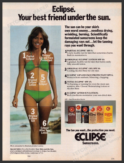 Eclipse Sunscreens Cheryl Tiegs Bikini 1980s Print Advertisement Ad 1981 Fetch-the-Paper