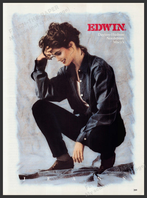 Edwin Jeans Clothing 1990s Print Advertisement 1992 Squatting Woman Illustration Fetch-the-Paper