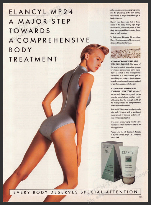 Elancyl MP24 Body Treatment 1980s Print Advertisement Ad 1987 Fit Body Legs Fetch-the-Paper