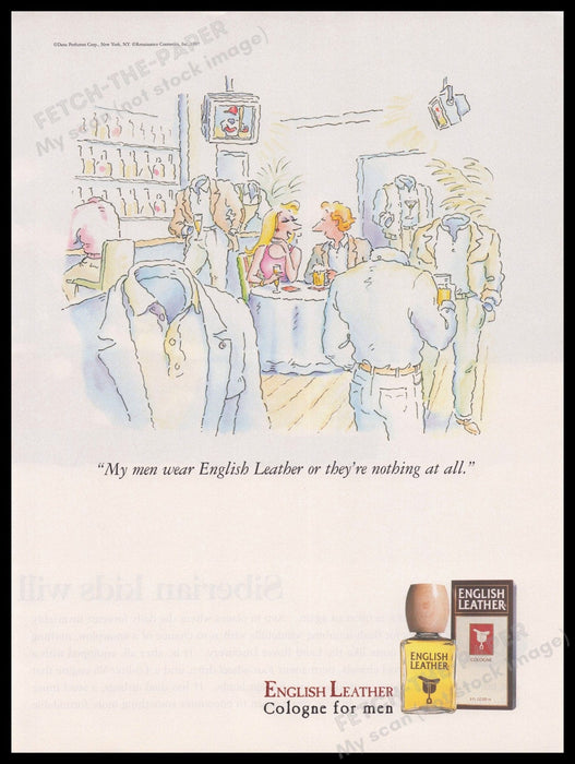 English Leather Cologne 1990s Print Advertisement Ad 1997 Cartoon Illustration Fetch the Paper!