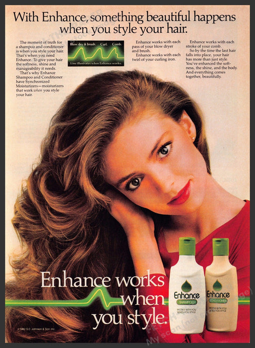 Enhance Hair Products 1980s Print Advertisement 1982 Wavy Long Hair Fetch-the-Paper