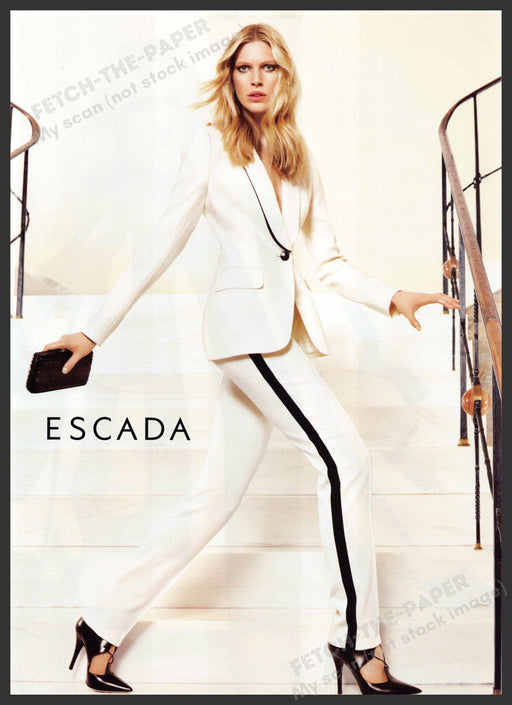 Escada Iselin Steiro 2010s Print Advertisement 2012 Long Legs Pantsuit Fetch-the-Paper