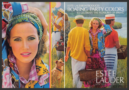 Estee Lauder 1980s Print Advertisement (2 pg Centerfold) 1986 Boating Colors Fetch-the-Paper