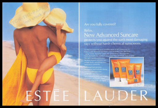 Estee Lauder Advanced Suncare 1990s Print Advertisement (2 pages) 1993 Bare Back Fetch the Paper!