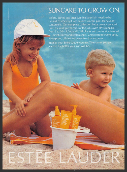 Estee Lauder Suncare 1990s Print Advertisement Ad 1992 Legs Mom Kids Beach Fetch-the-Paper