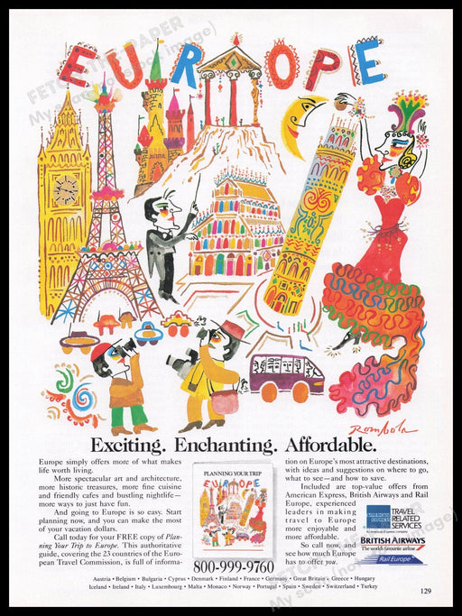 Europe Travel Illustration 1990s Print Advertisement Ad 1993 Fetch the Paper!