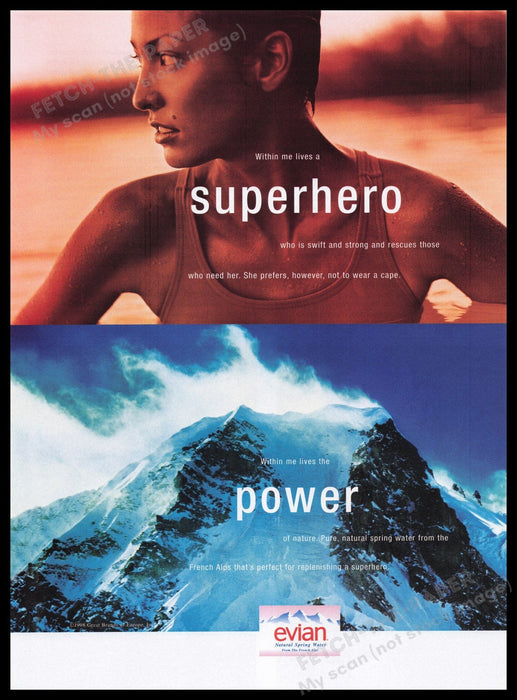 Evian Water 1990s Print Advertisement Ad 1998 Superhero Power Fetch the Paper!