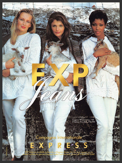 Express Jeans 1990s Print Advertisement 1993 EXP White Models Baby Goats Fetch-the-Paper