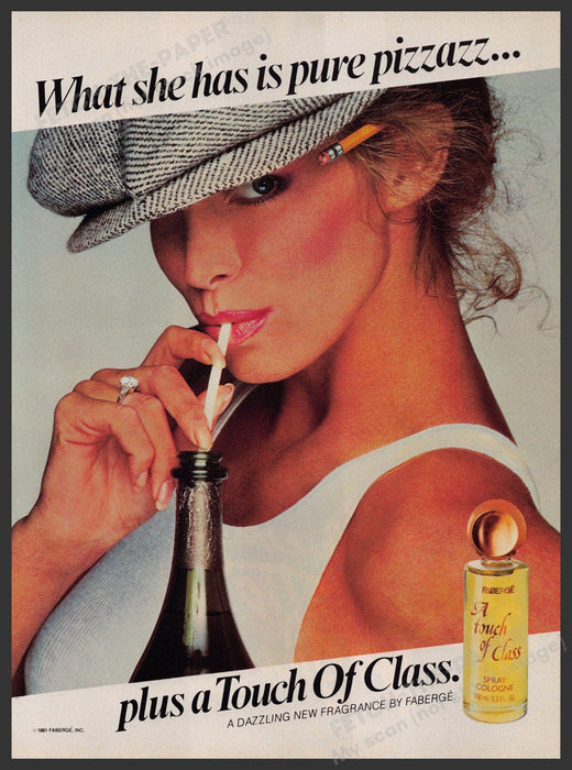 Faberge "A touch of class" 1980s Print Advertisement 1981 Woman Drinking Straw Fetch-the-Paper