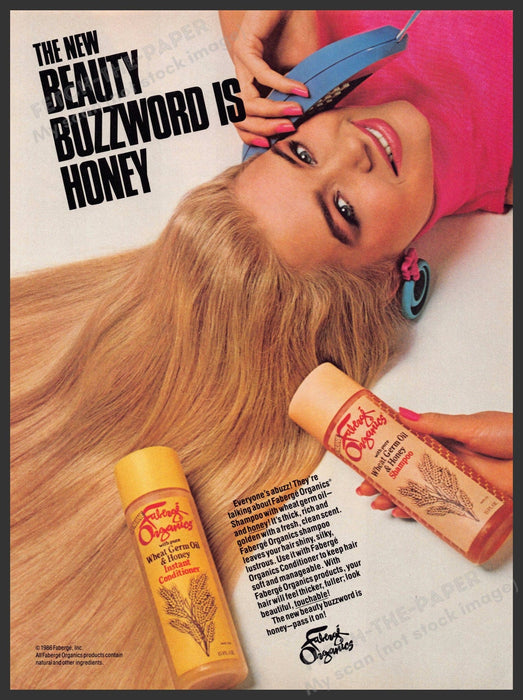 Faberge Organics 1980s Magazine Print Advertisement 1986 Girl on Blue Telephone Faberge Organics