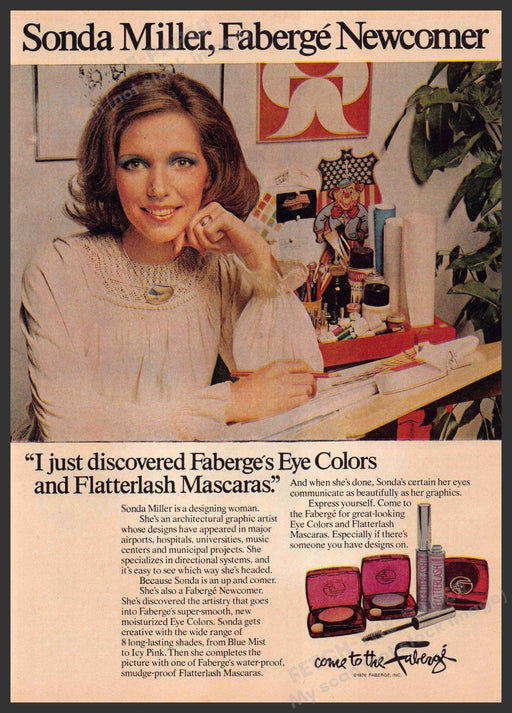 Faberge Sonda Miller 1970s Print Advertisement 1976 Eye Colors & Flatterlash Fetch-the-Paper