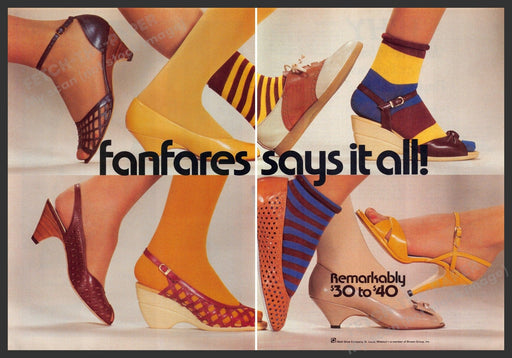 Fanfares Shoes 1980s Print Advertisement (2 page) 1982 Feet Legs Fetch-the-Paper