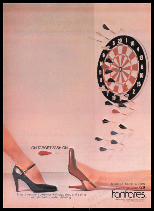 Fanfares Shoes 1980s Print Advertisement Ad 1980 "On target fashion" Legs Fetch the Paper!