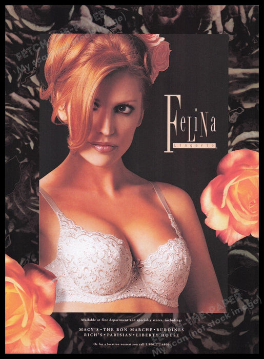 Felina Lingerie 1990s Print Advertisement Ad 1998 Redhead Peach Rose Lacy Bra Fetch the Paper!